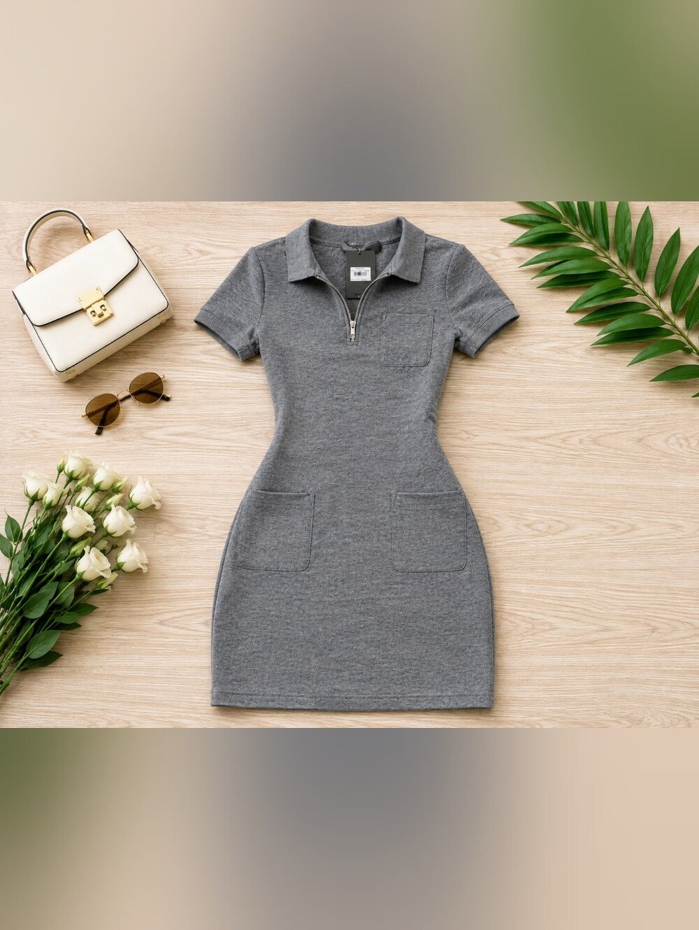 G/FORE Heather Gray Short-Sleeve Zip Polo Knit Mini Dress